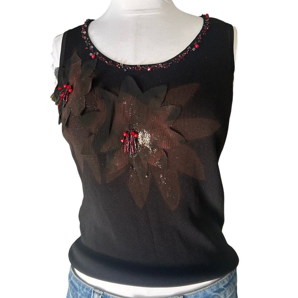Rare 90s/2000s Valenti Knit Tank Top Small Black 3D Floral Beaded Accents Y2K
